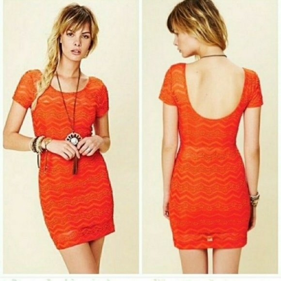 Free People Dresses & Skirts - Free People Orange Lace Sheer Bodycon Dress